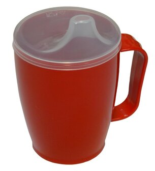 DRINKBEKER MET 1 HANDVAT + DEKSEL  12MM ROOD